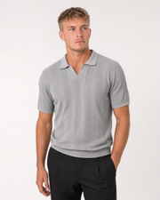 Cable Knit Open Collar Polo — Heather Grey