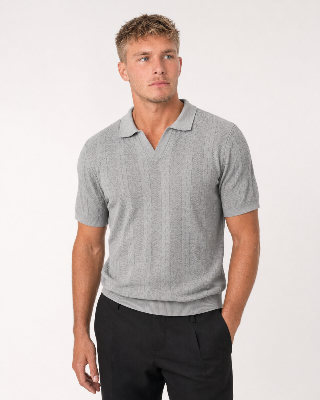 Cable Knit Open Collar Polo — Heather Grey