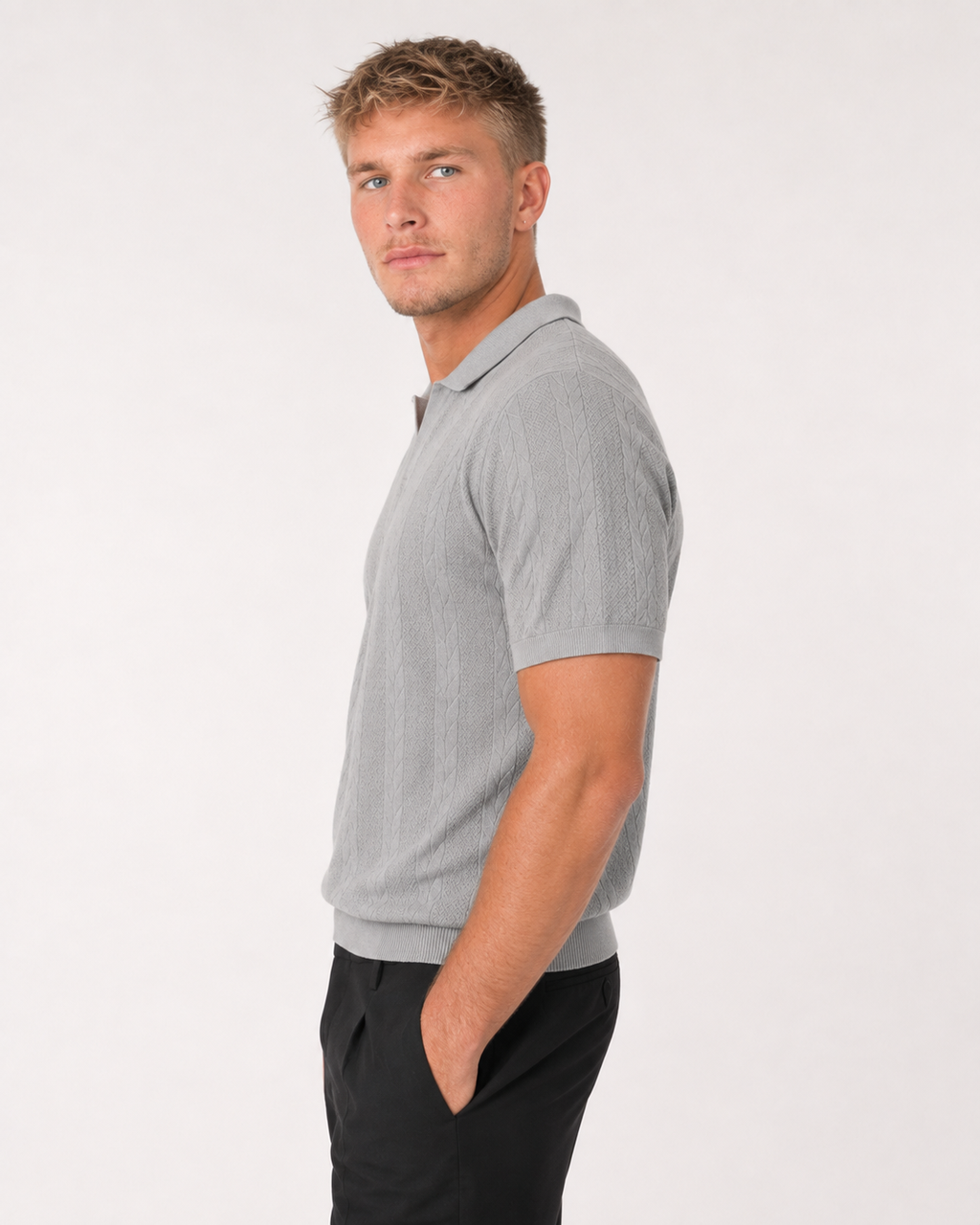 Cable Knit Open Collar Polo — Heather Grey