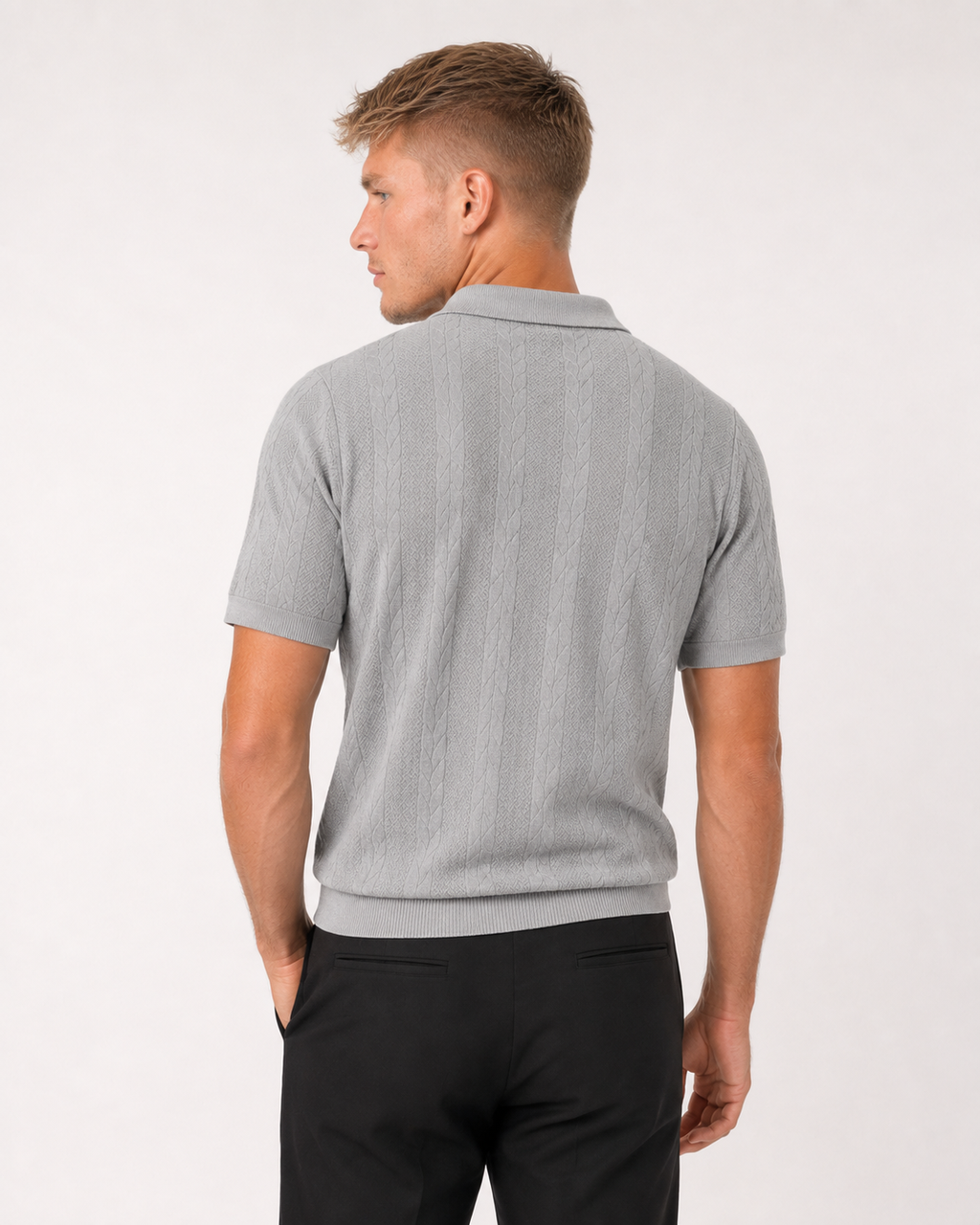 Cable Knit Open Collar Polo — Heather Grey
