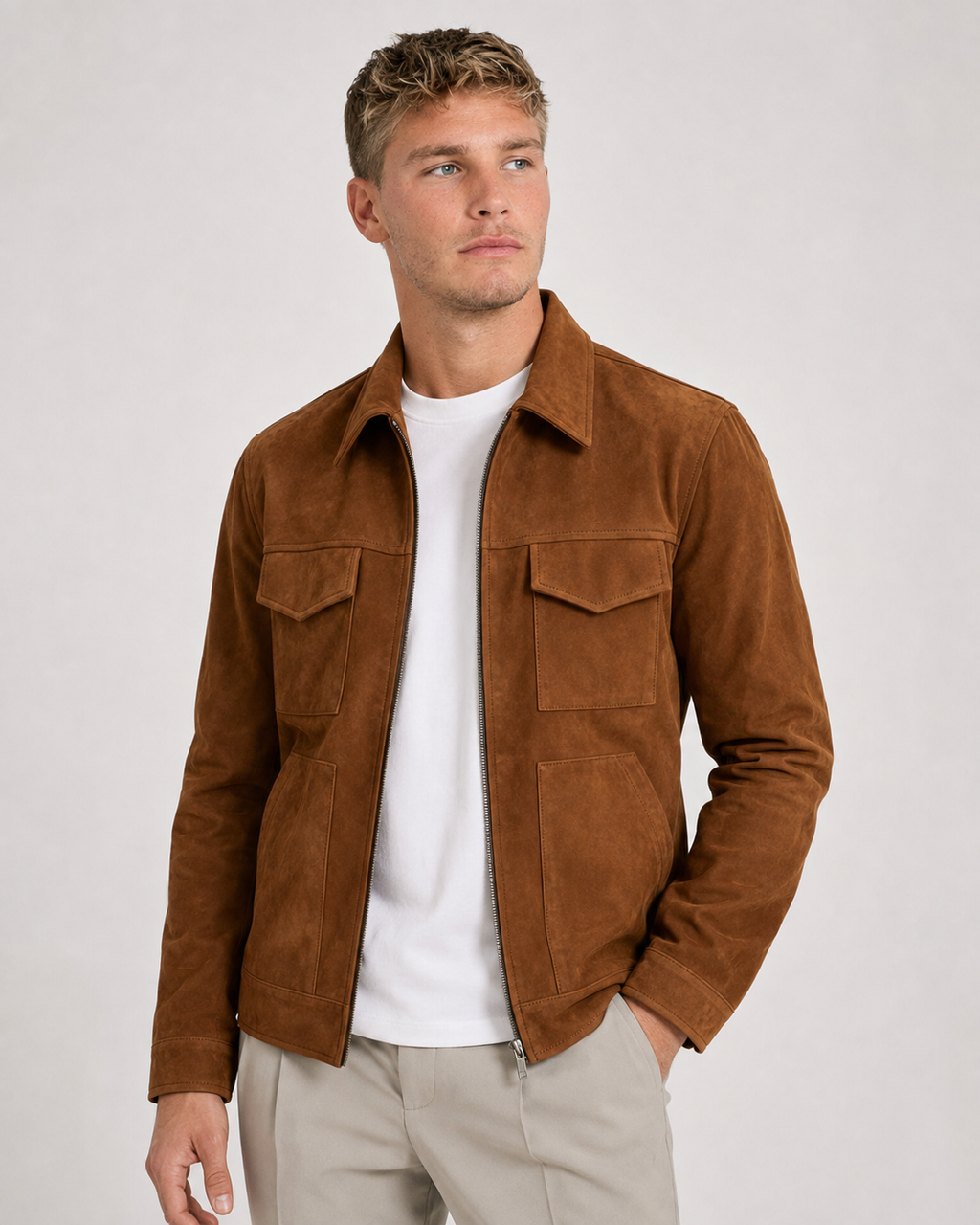 Suede Trucker Jacket — Tobacco