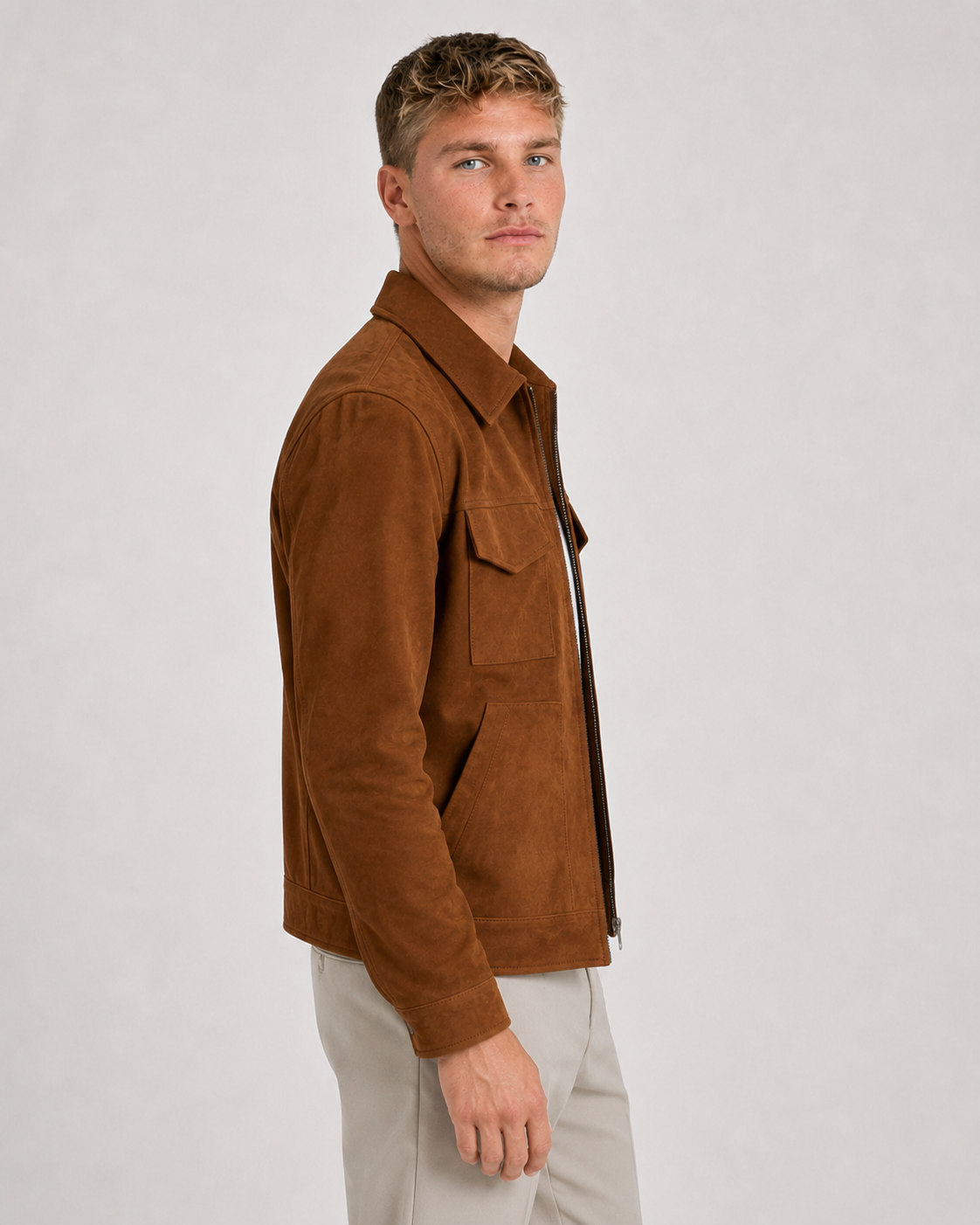 Suede Trucker Jacket — Tobacco