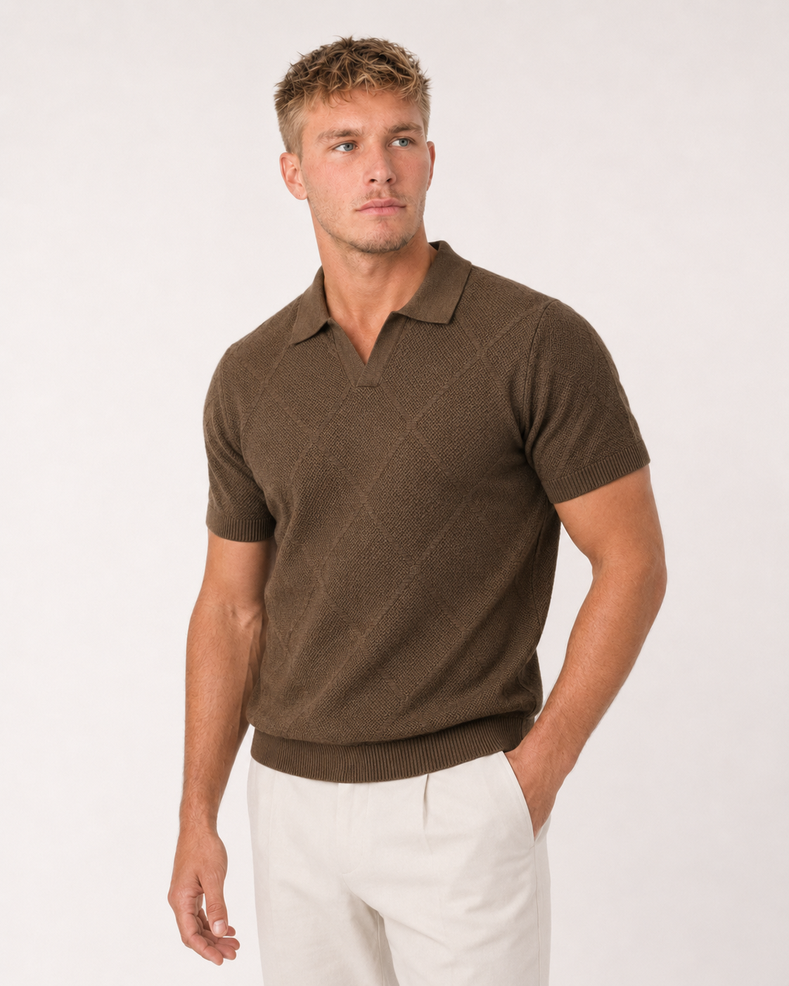 Diamond Knit Open Collar Polo — Olive Brown