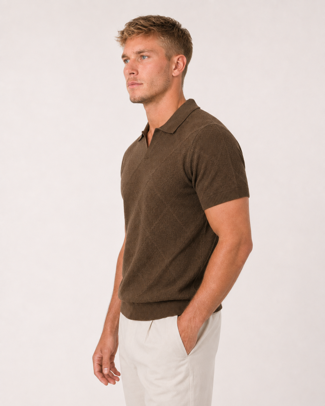 Diamond Knit Open Collar Polo — Olive Brown