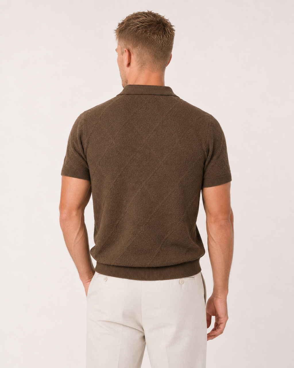 Diamond Knit Open Collar Polo — Olive Brown