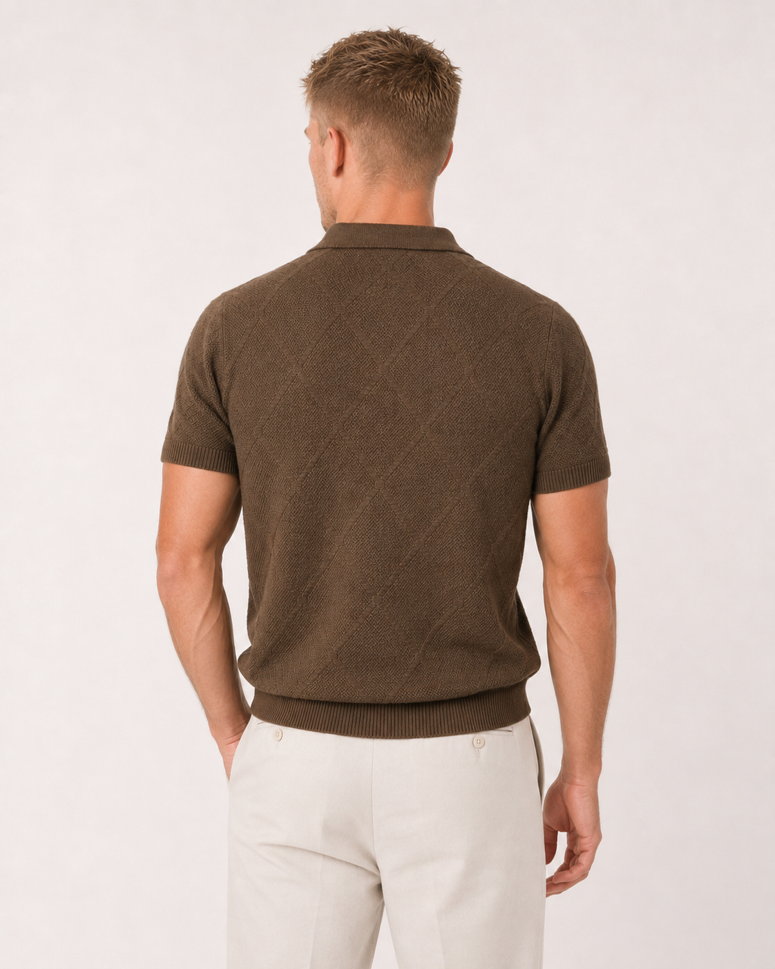 Diamond Knit Open Collar Polo — Olive Brown