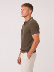 Ribbed Half-Zip Knit Polo — Olive Brown