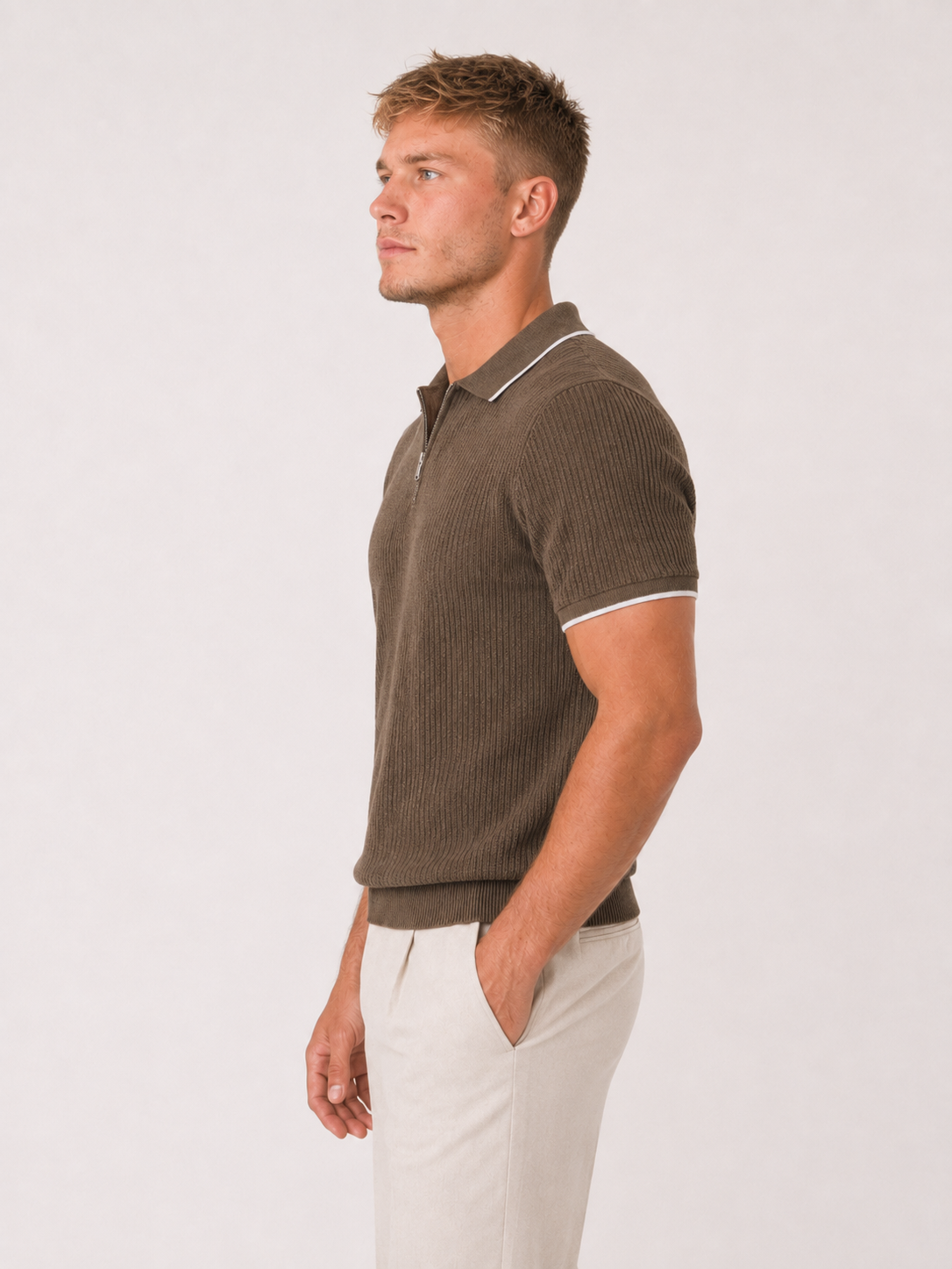 Ribbed Half-Zip Knit Polo — Olive Brown