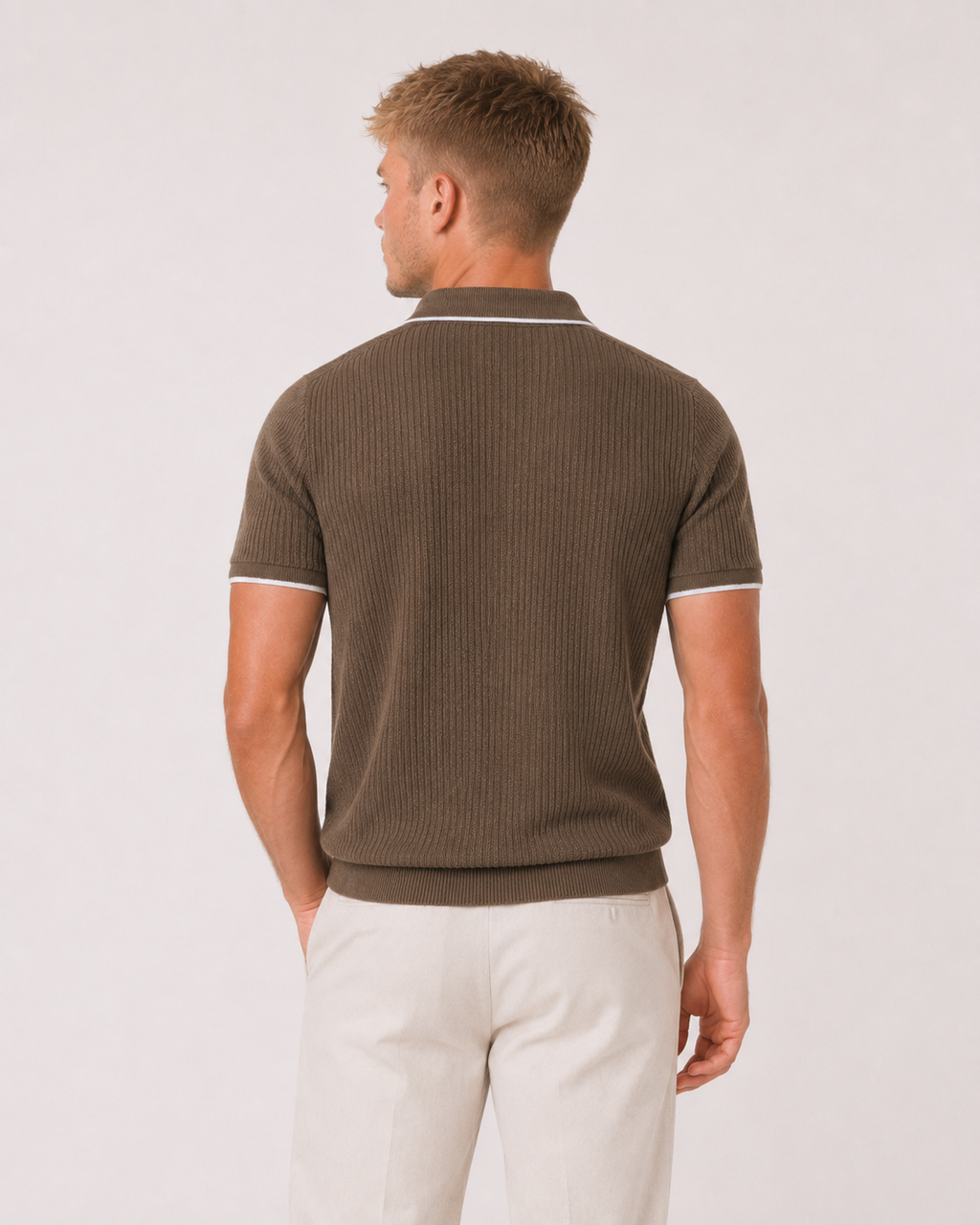 Ribbed Half-Zip Knit Polo — Olive Brown