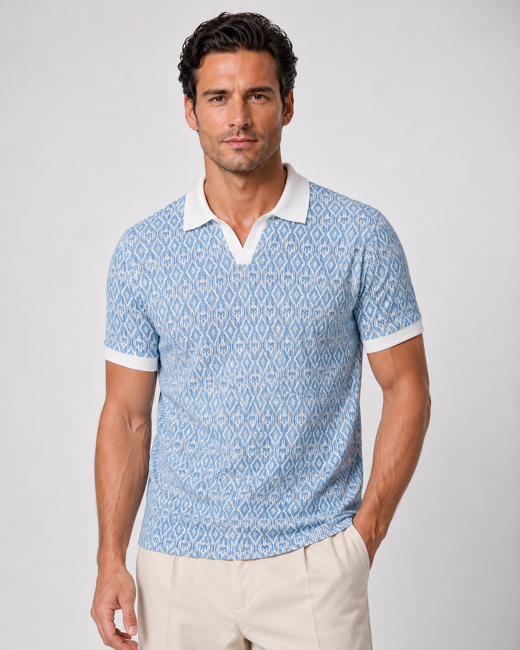 Ikat Print Contrast Collar Polo — Sky Blue