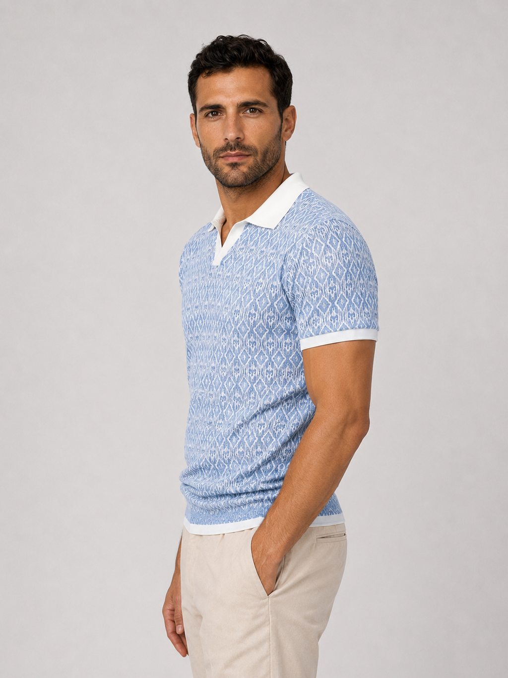 Ikat Print Contrast Collar Polo — Sky Blue