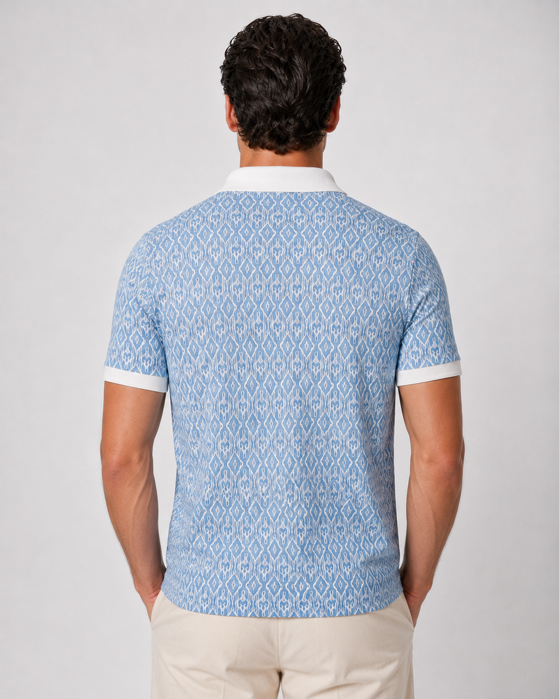 Ikat Print Contrast Collar Polo — Sky Blue