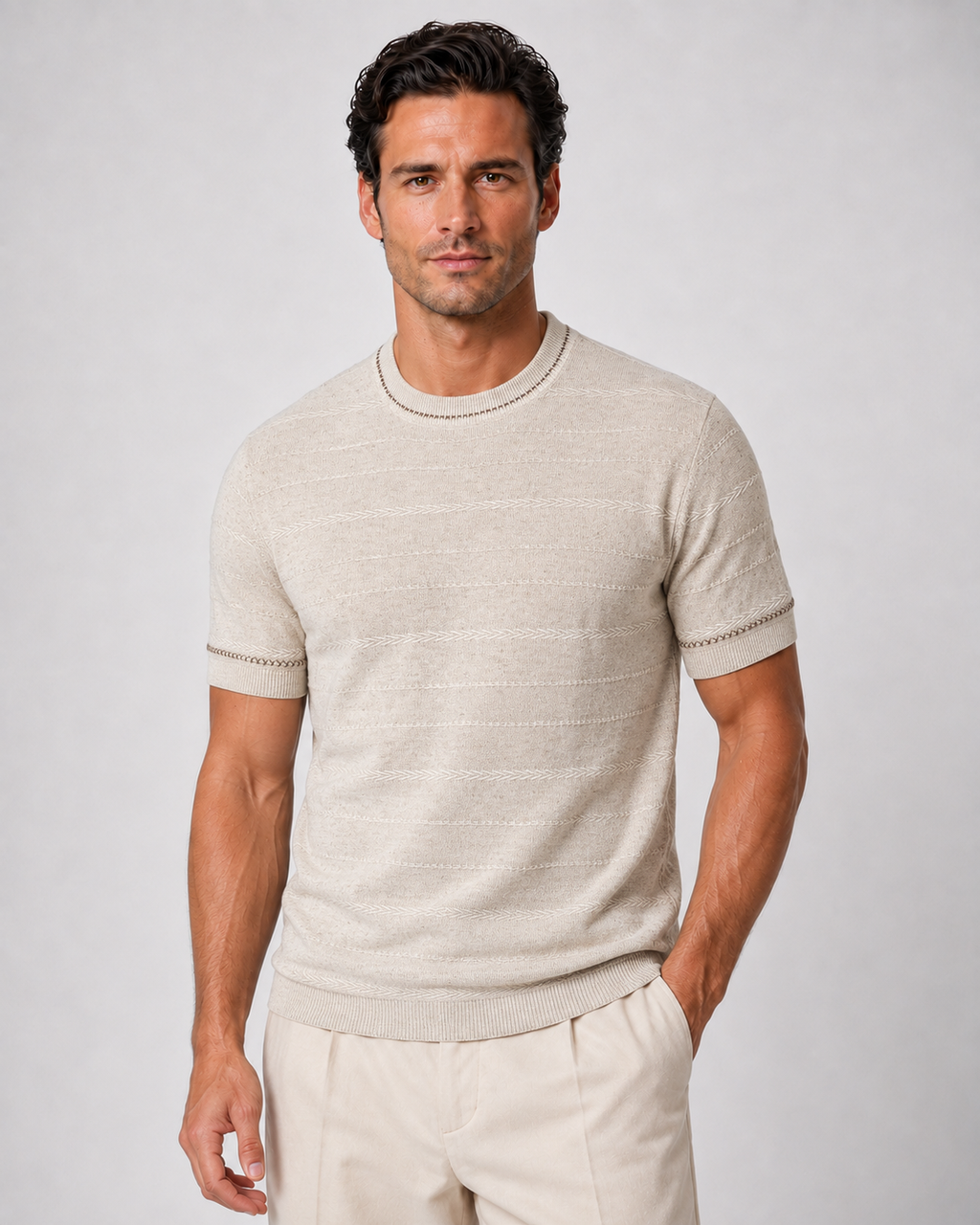 Textured Stripe Knit Tee — Oatmeal