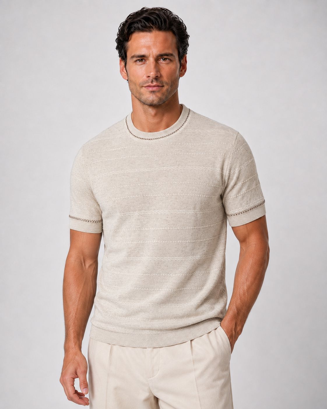 Textured Stripe Knit Tee — Oatmeal