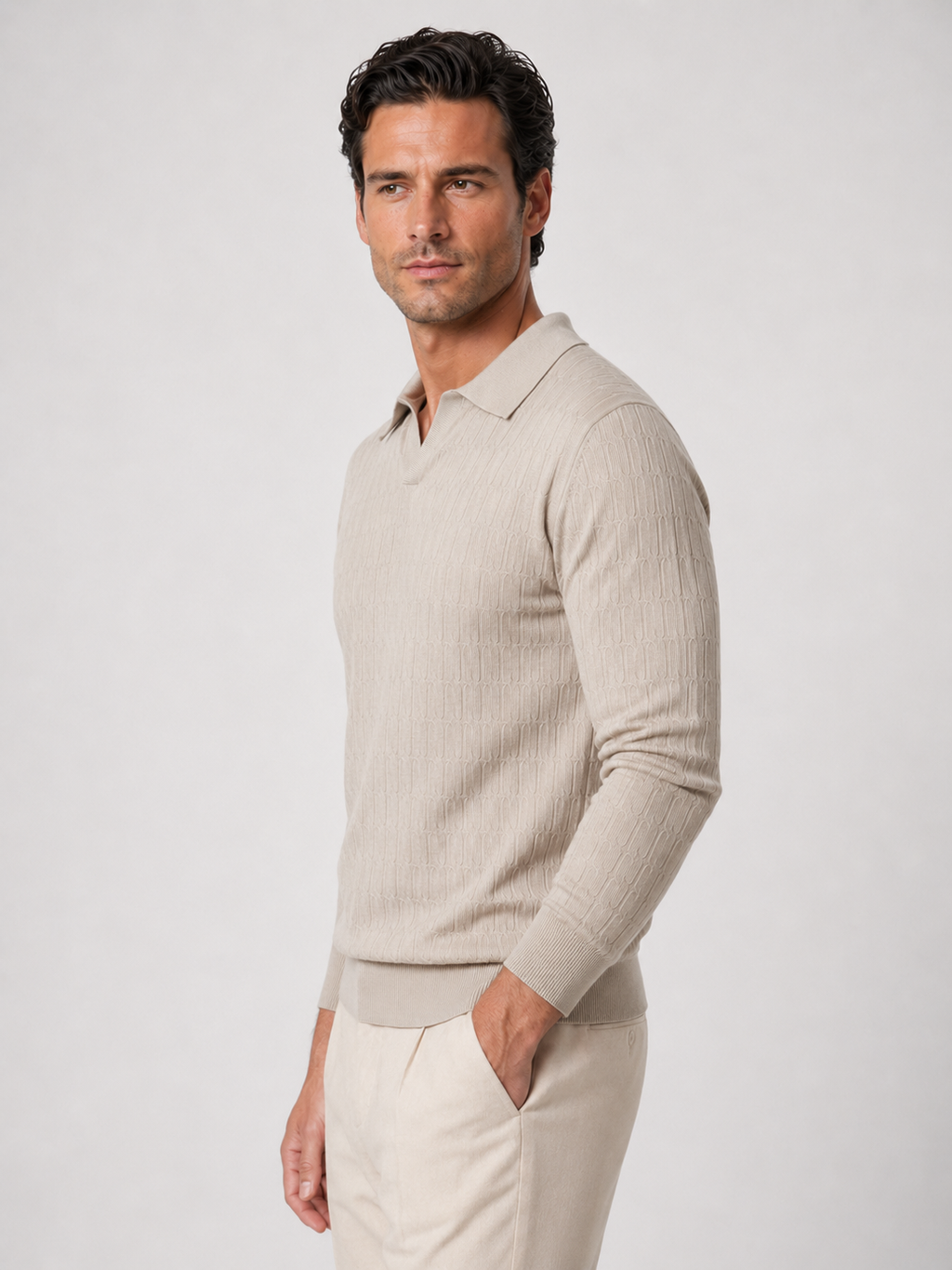 Long Sleeve Open Collar Knit Polo