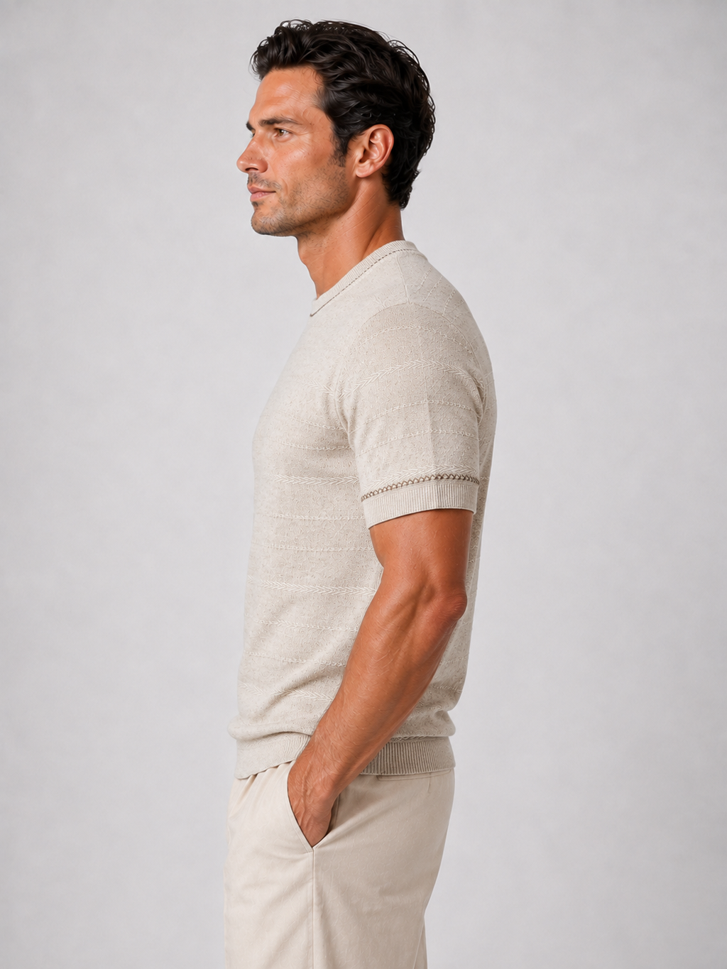 Textured Stripe Knit Tee — Oatmeal