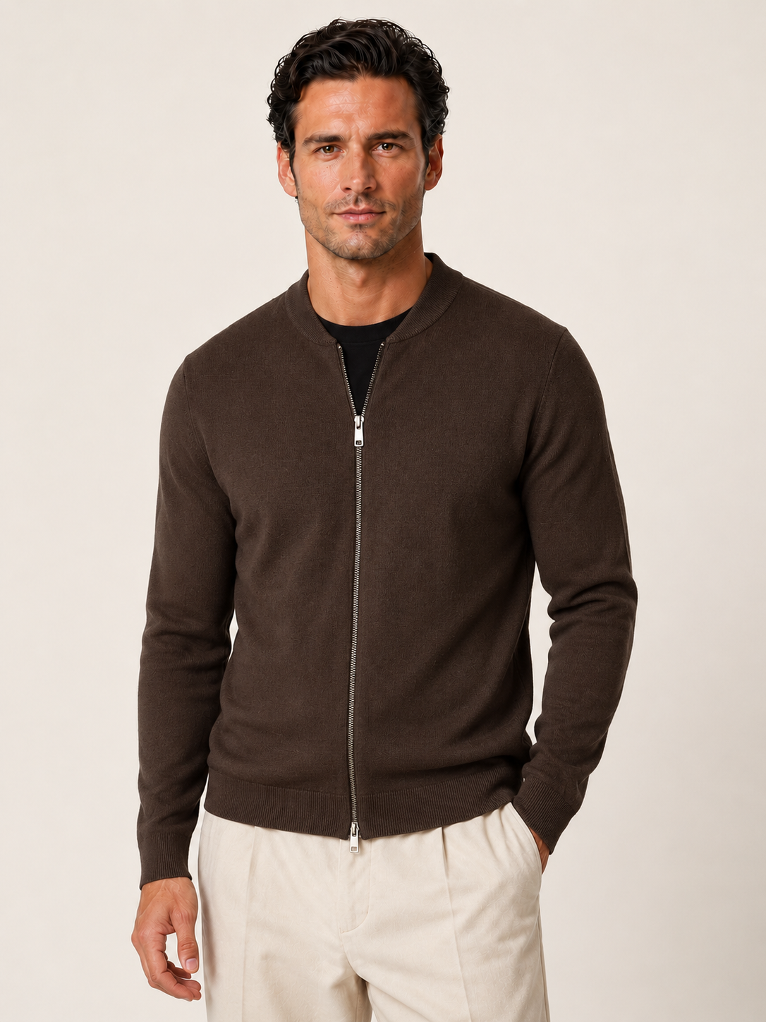 Full Zip Knit Bomber — Espresso